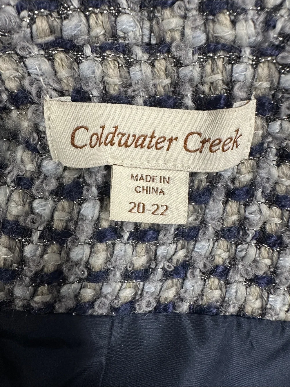 Coldwater Creek open front wool blend tweed blazer blue grey metallic Size 20/22